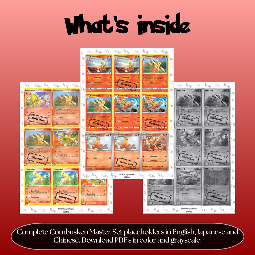 Combusken binder pages set overview showing the included Pokémon cards to print and cut for your binder sleeves.