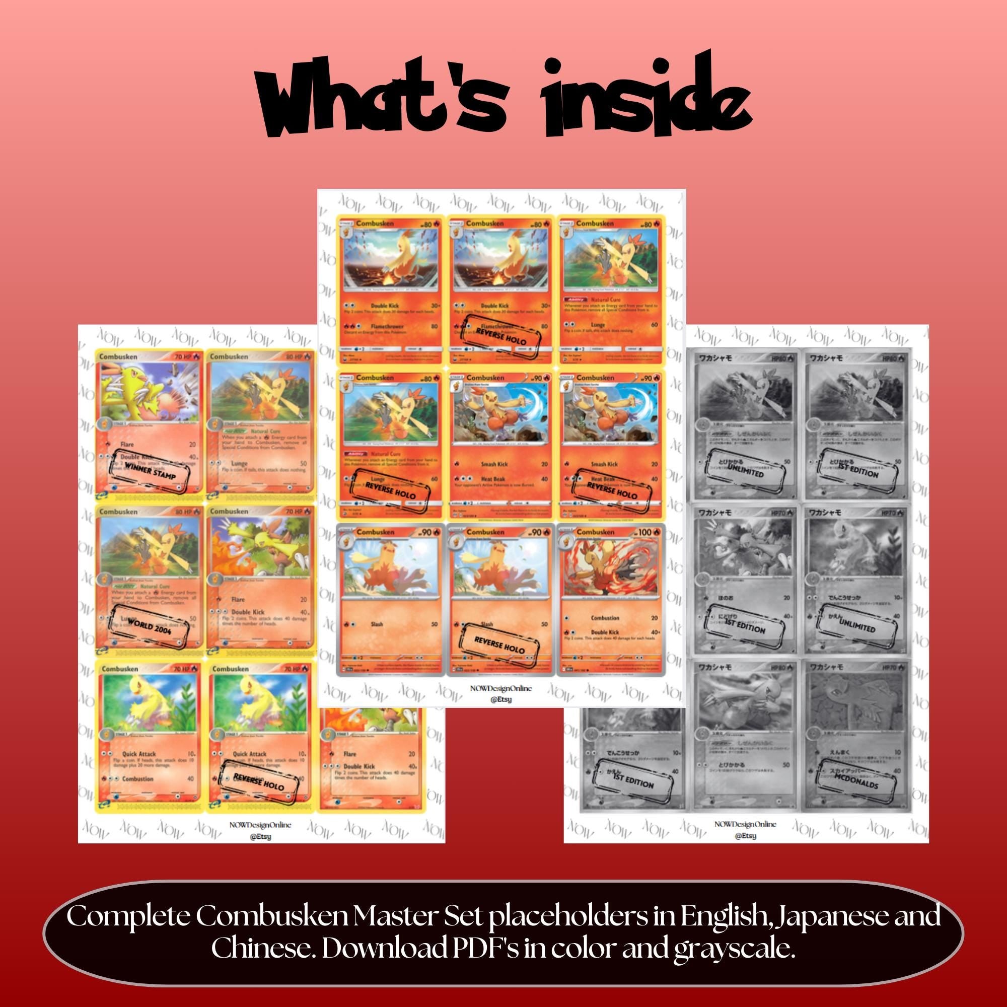 Combusken binder pages set overview showing the included Pokémon cards to print and cut for your binder sleeves.