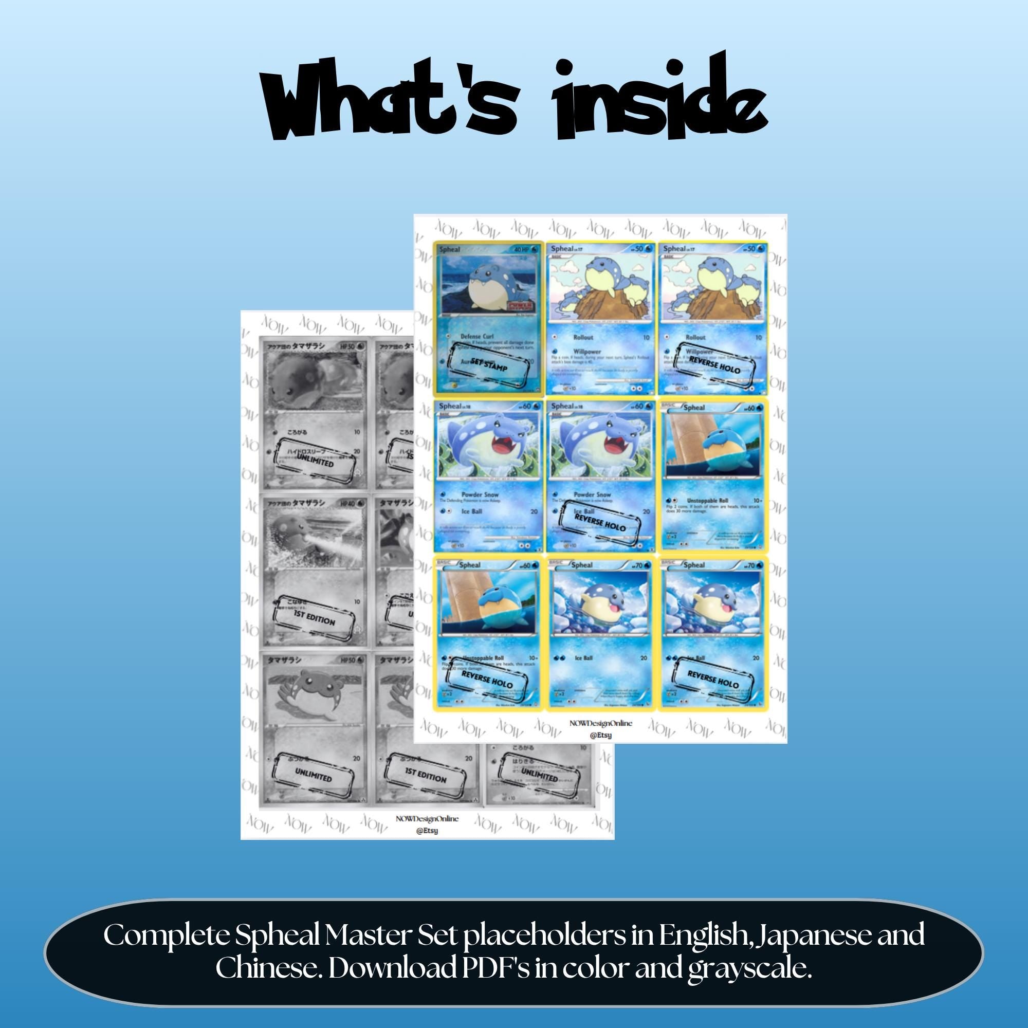 Spheal binder pages set overview showing the included Pokémon cards to print and cut for your binder sleeves.