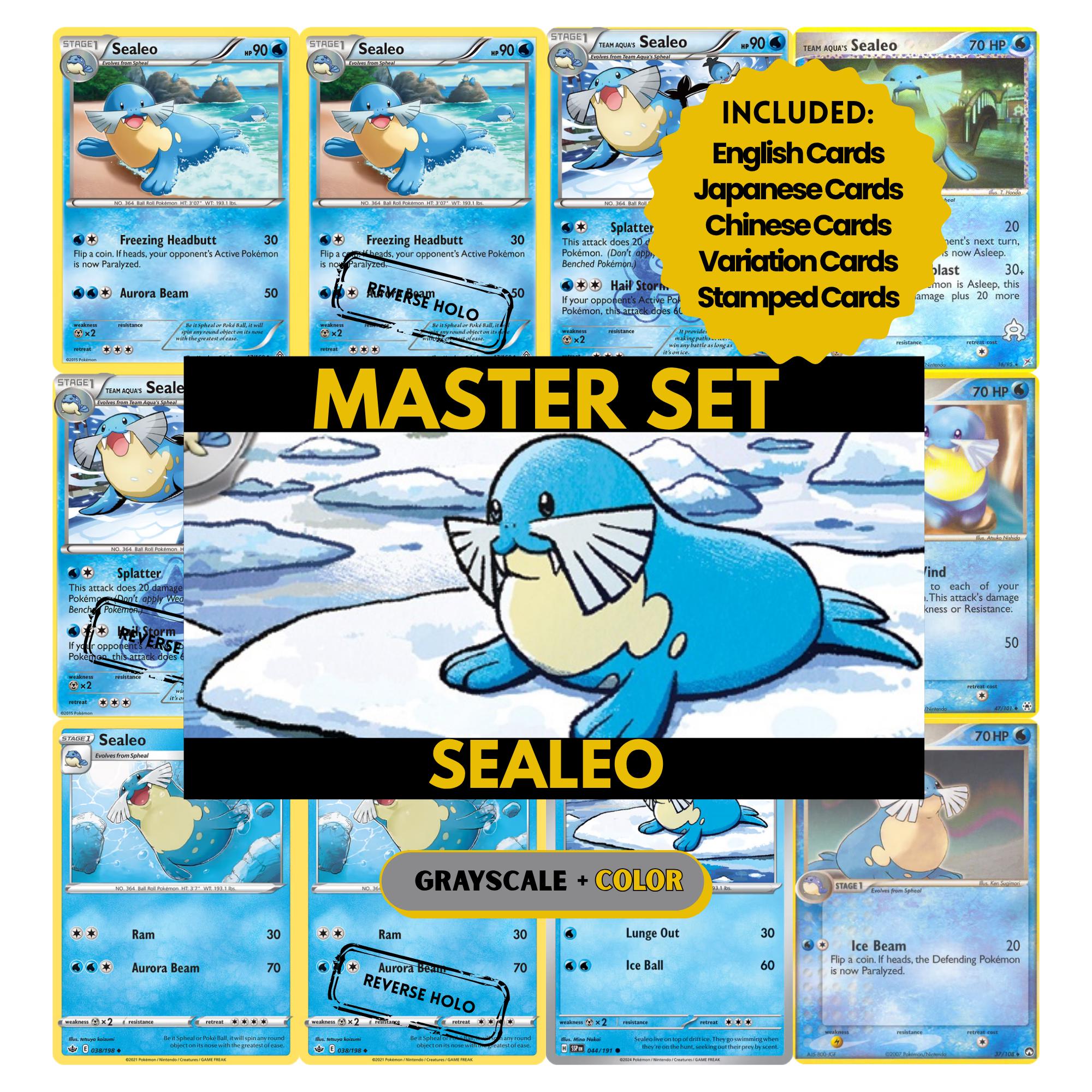 Sealeo binder pages set showing grayscale and color Pokémon cards, designed as a digital download to complete a collector’s binder.