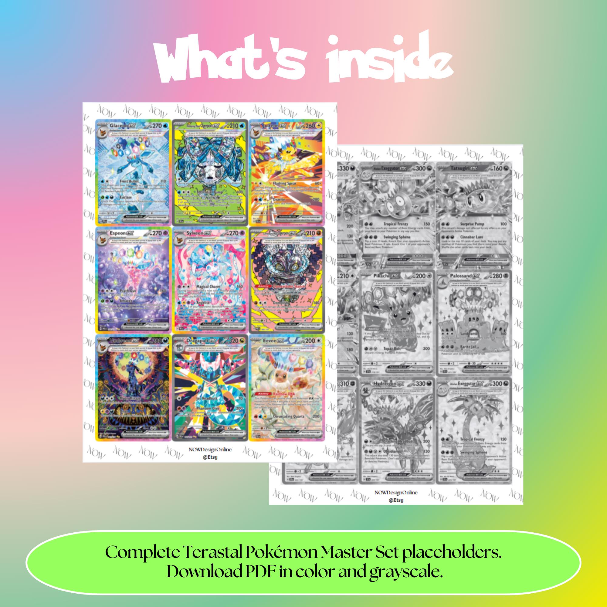 Terastal Pokémon binder pages set overview showing the included Pokémon cards to print and cut for your binder sleeves.