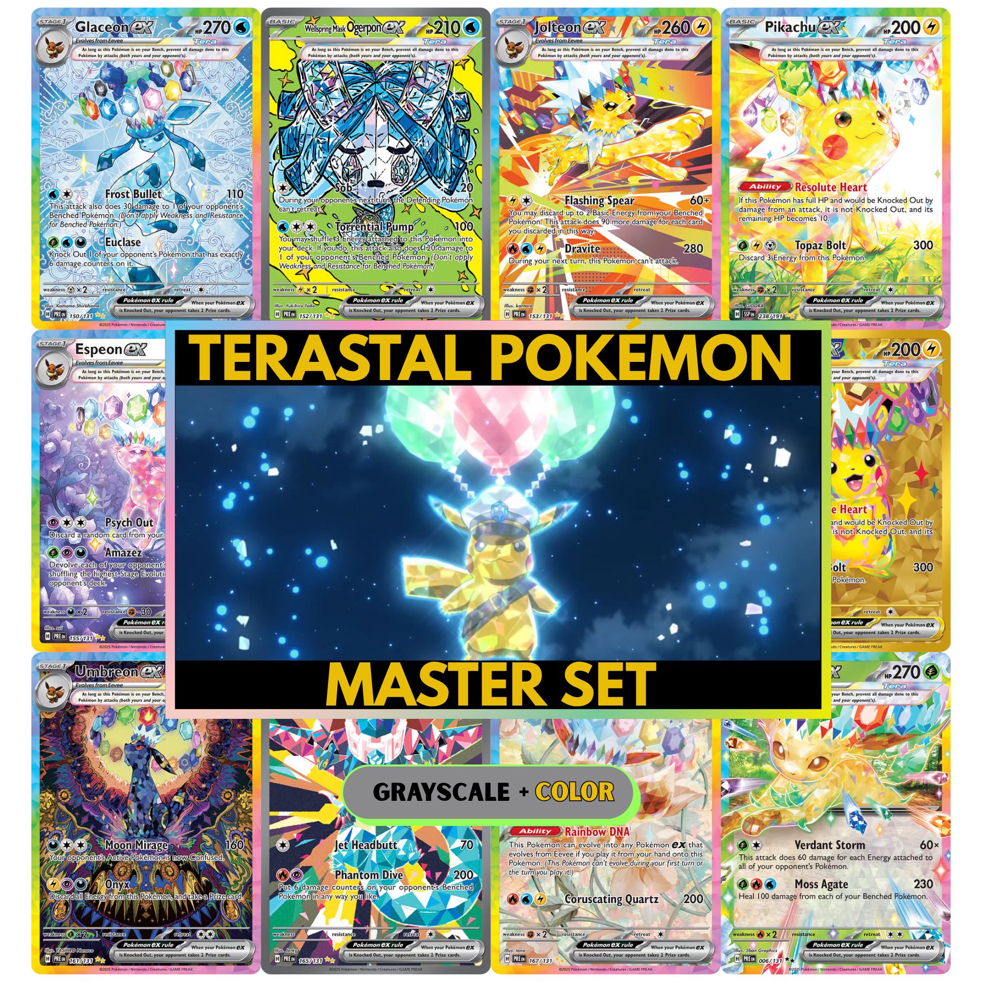 Terastal Pokémon binder pages set showing grayscale and color Pokémon cards, designed as a digital download to complete a collector’s binder.