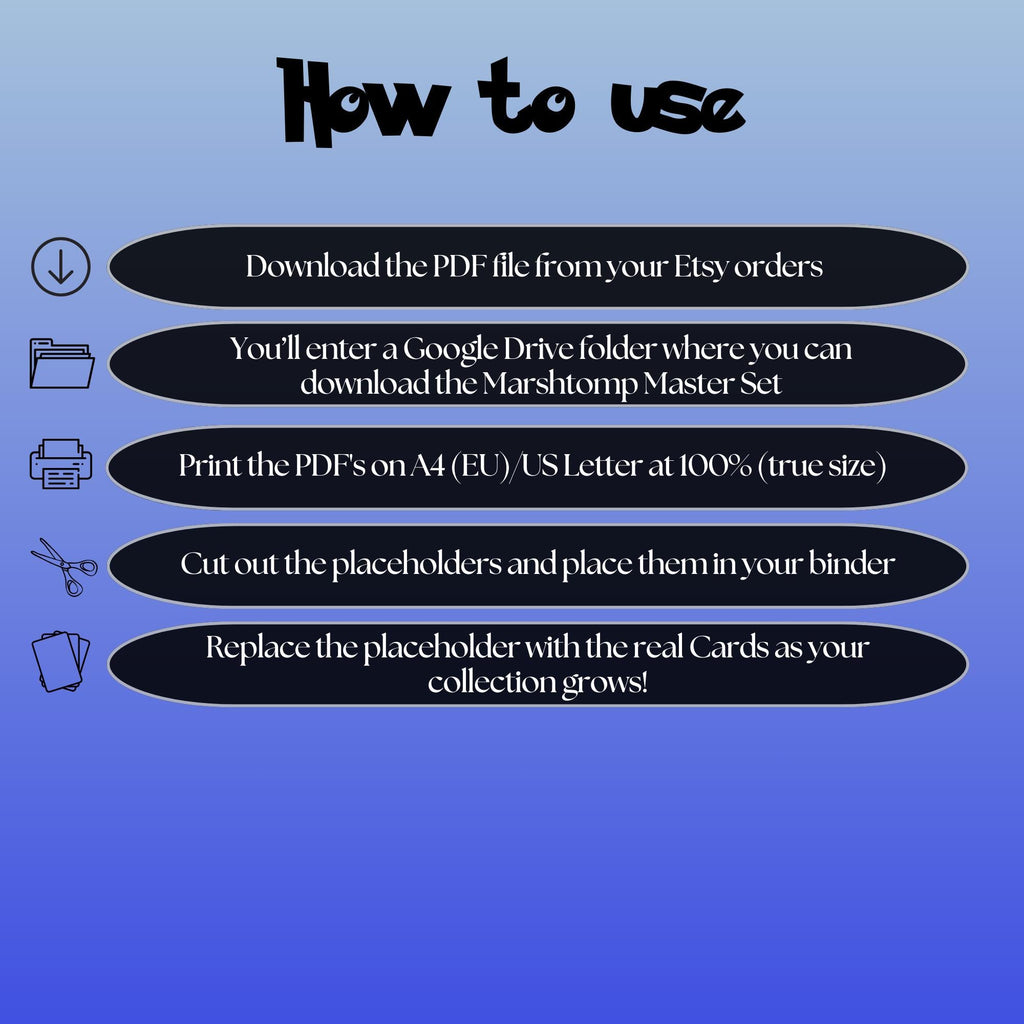 Marshtomp cards digital download instructions explaining how to print, cut, and place placeholders in a Pokémon binder.