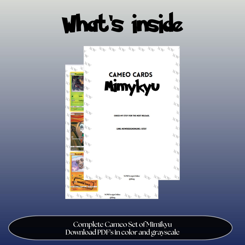 Mimikyu Cameo binder pages set overview showing the included Pokémon cards to print and cut for your binder sleeves.