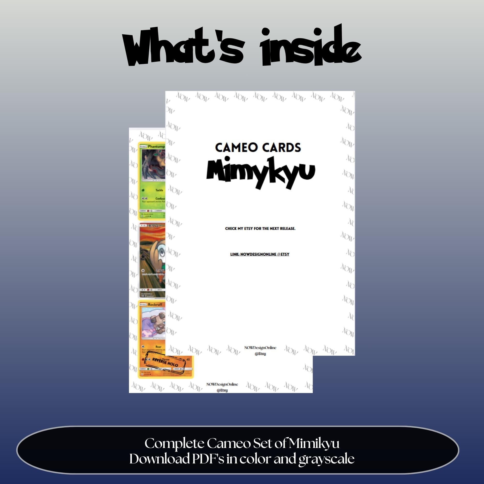 Mimikyu Cameo binder pages set overview showing the included Pokémon cards to print and cut for your binder sleeves.
