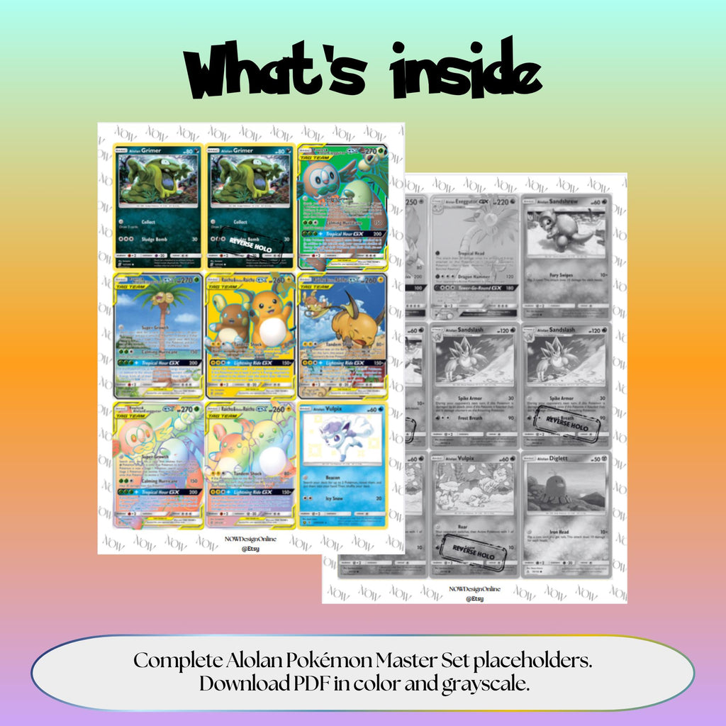 Alolan Pokémon binder pages set overview showing the included Pokémon cards to print and cut for your binder sleeves.