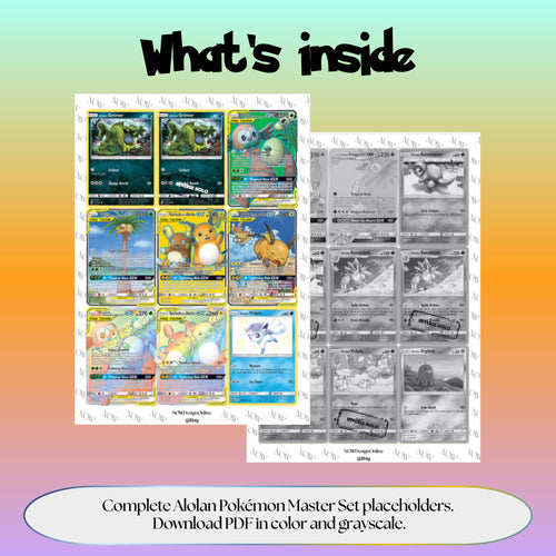 Alolan Pokémon binder pages set overview showing the included Pokémon cards to print and cut for your binder sleeves.