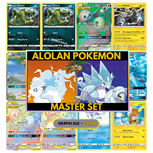 Alolan Pokémon binder pages set showing grayscale and color Pokémon cards, designed as a digital download to complete a collector’s binder.