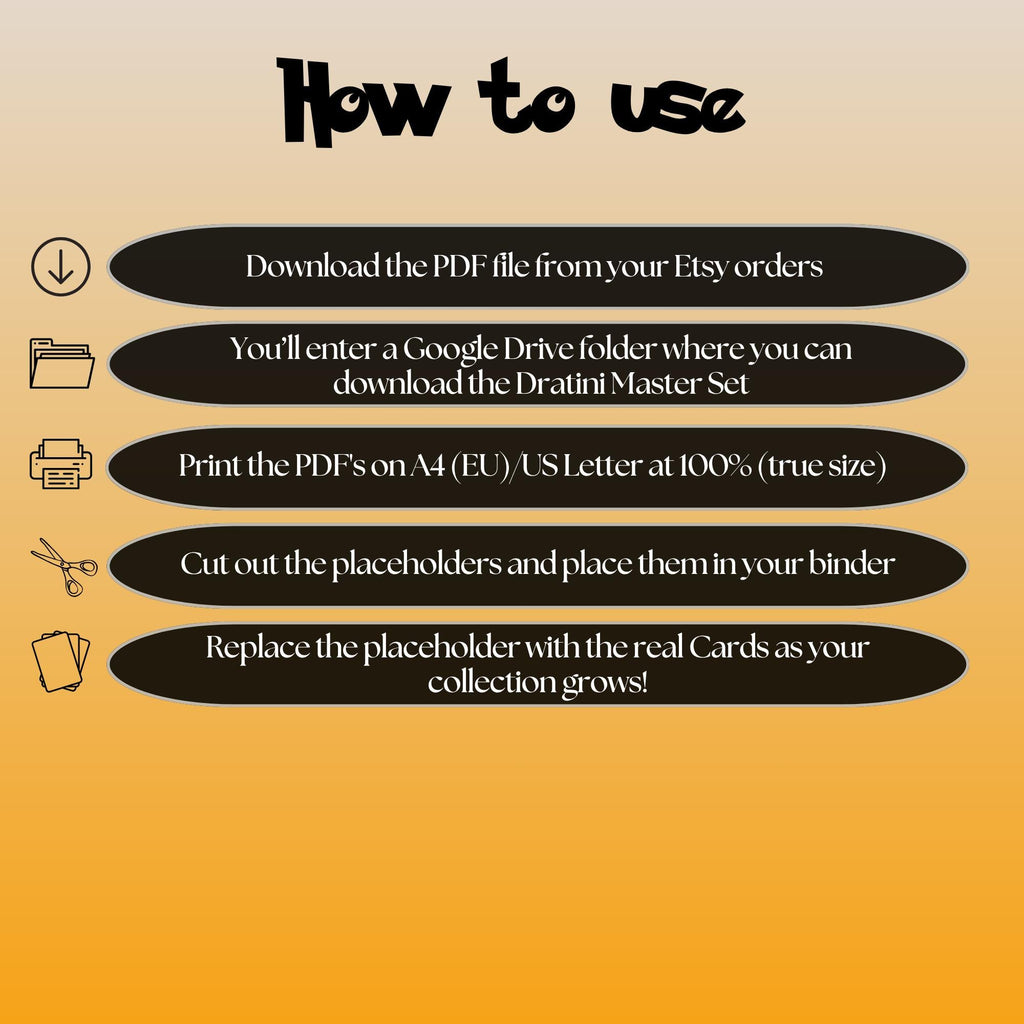 Dratini cards digital download instructions explaining how to print, cut, and place placeholders in a Pokémon binder.