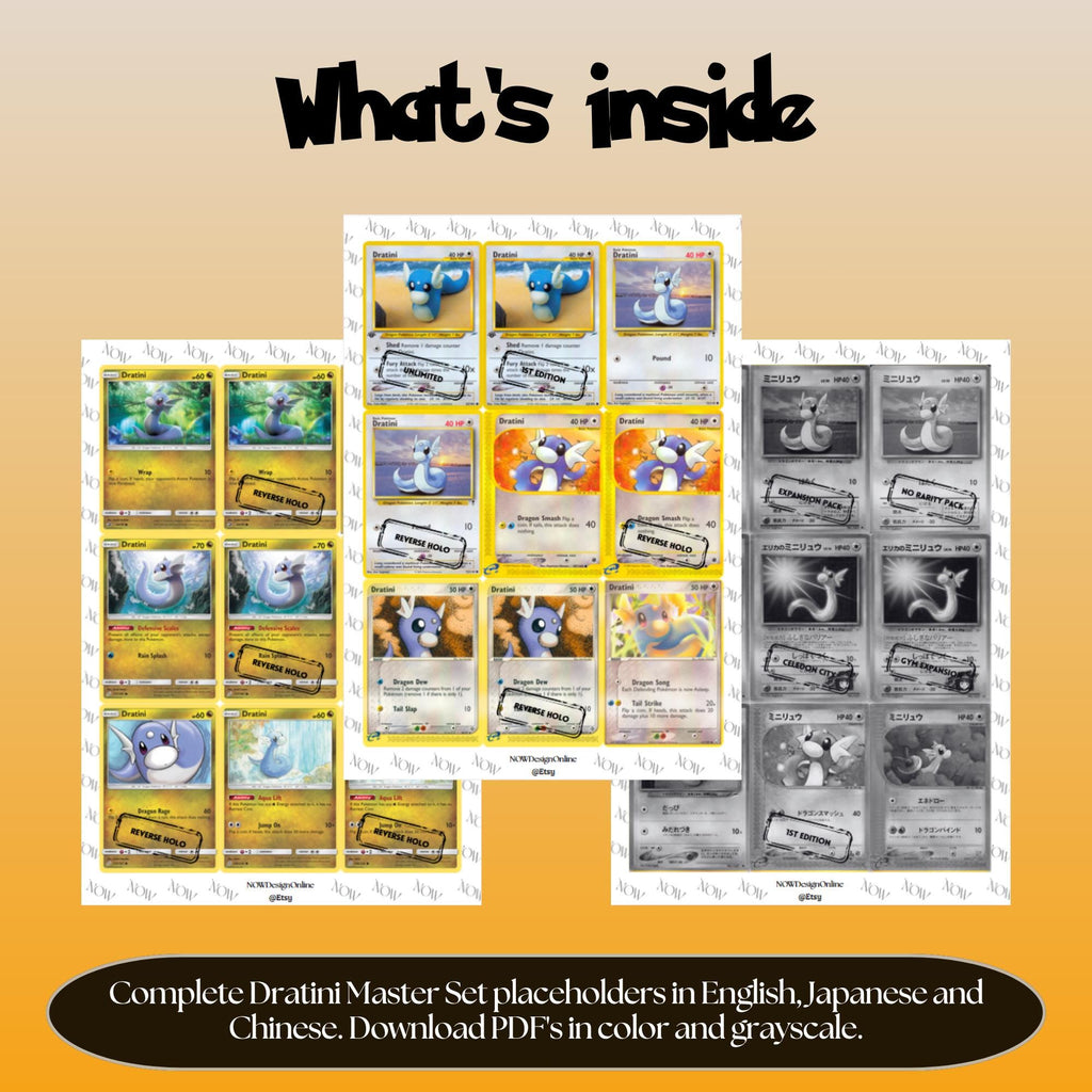 Dratini binder pages set overview showing the included Pokémon cards to print and cut for your binder sleeves.