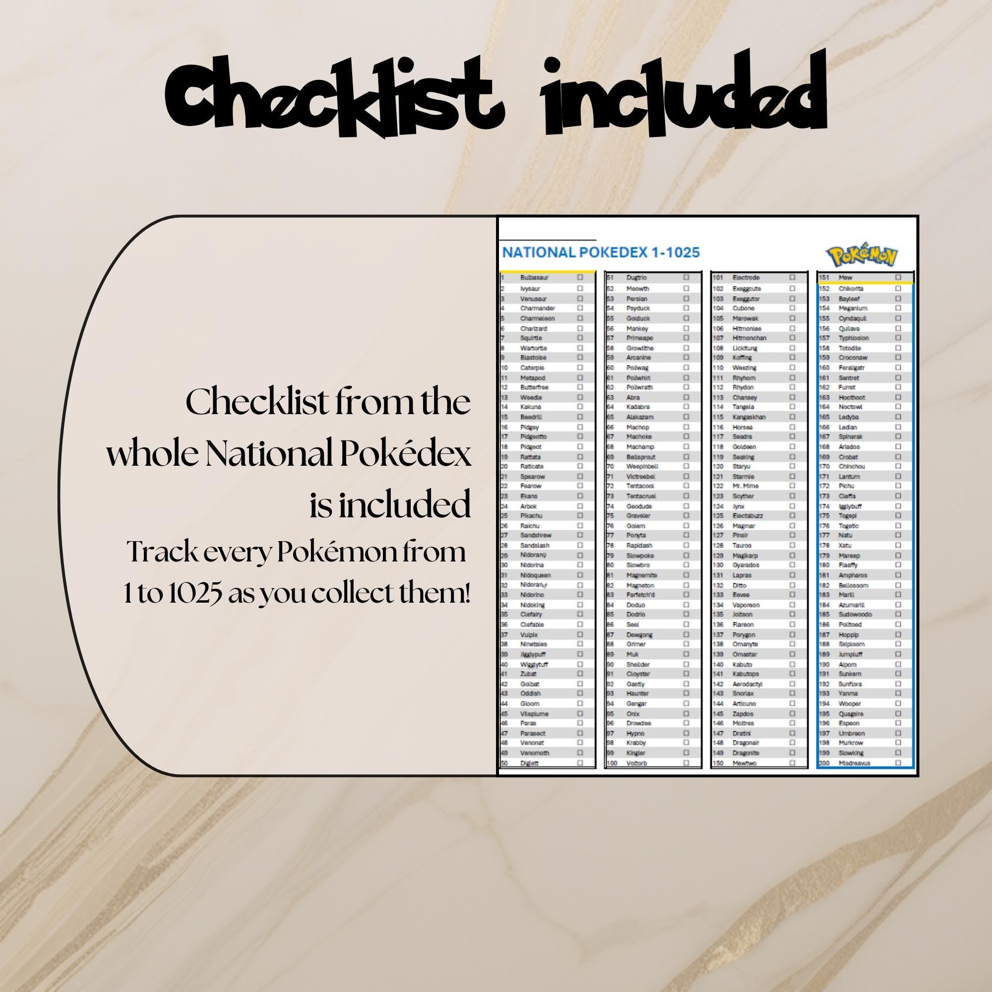 Printable national pokedex checklist showing every Pokémon from #001 to #1025 designed to track Pokémon collection progress.