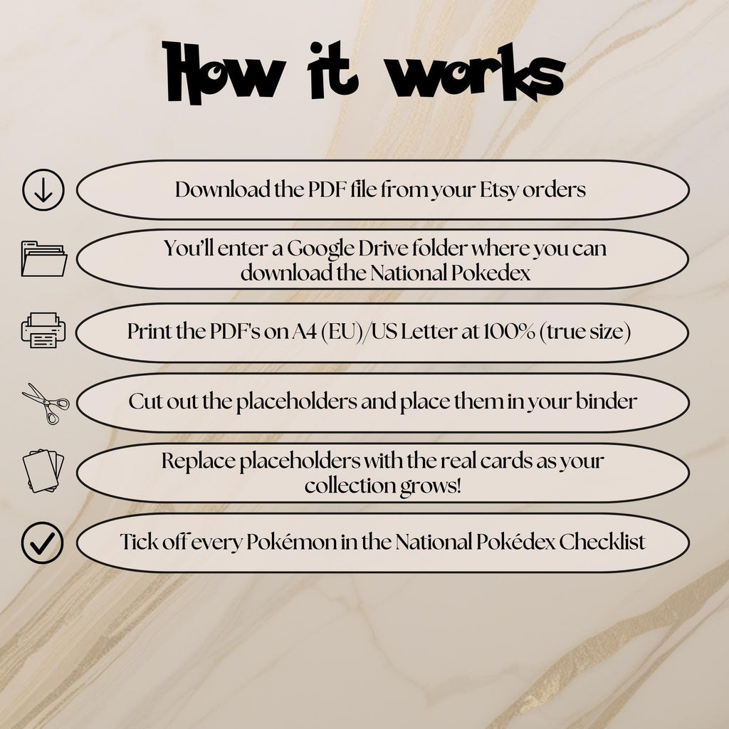 How to use national pokedex placeholders guide showing download print cut and place steps for organizing a Pokémon binder.