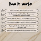 How to use national pokedex placeholders guide showing download print cut and place steps for organizing a Pokémon binder.