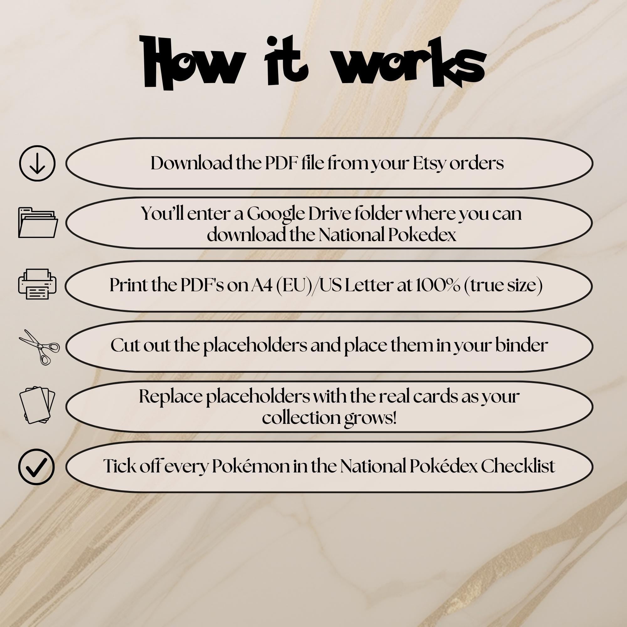 How to use national pokedex placeholders guide showing download print cut and place steps for organizing a Pokémon binder.