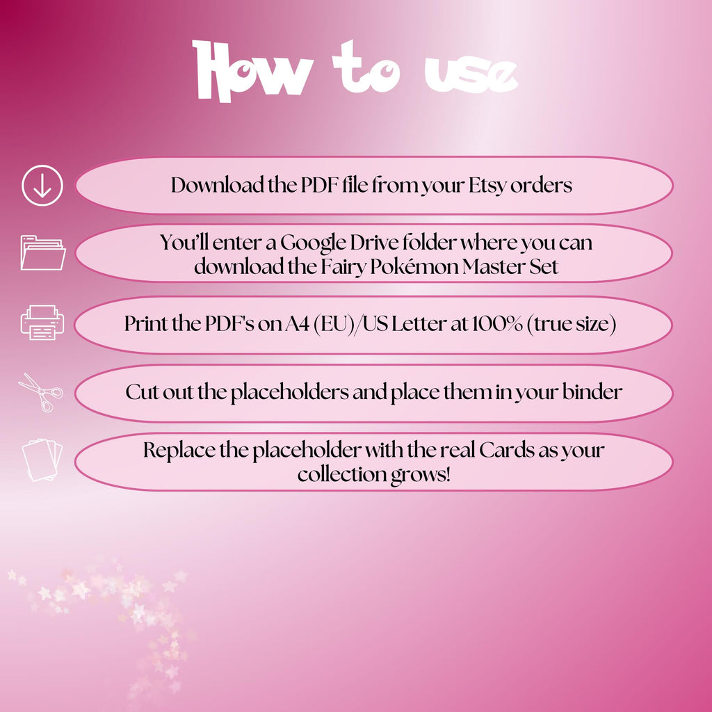Fairy Pokémon cards digital download instructions explaining how to print, cut, and place placeholders in a Pokémon binder.