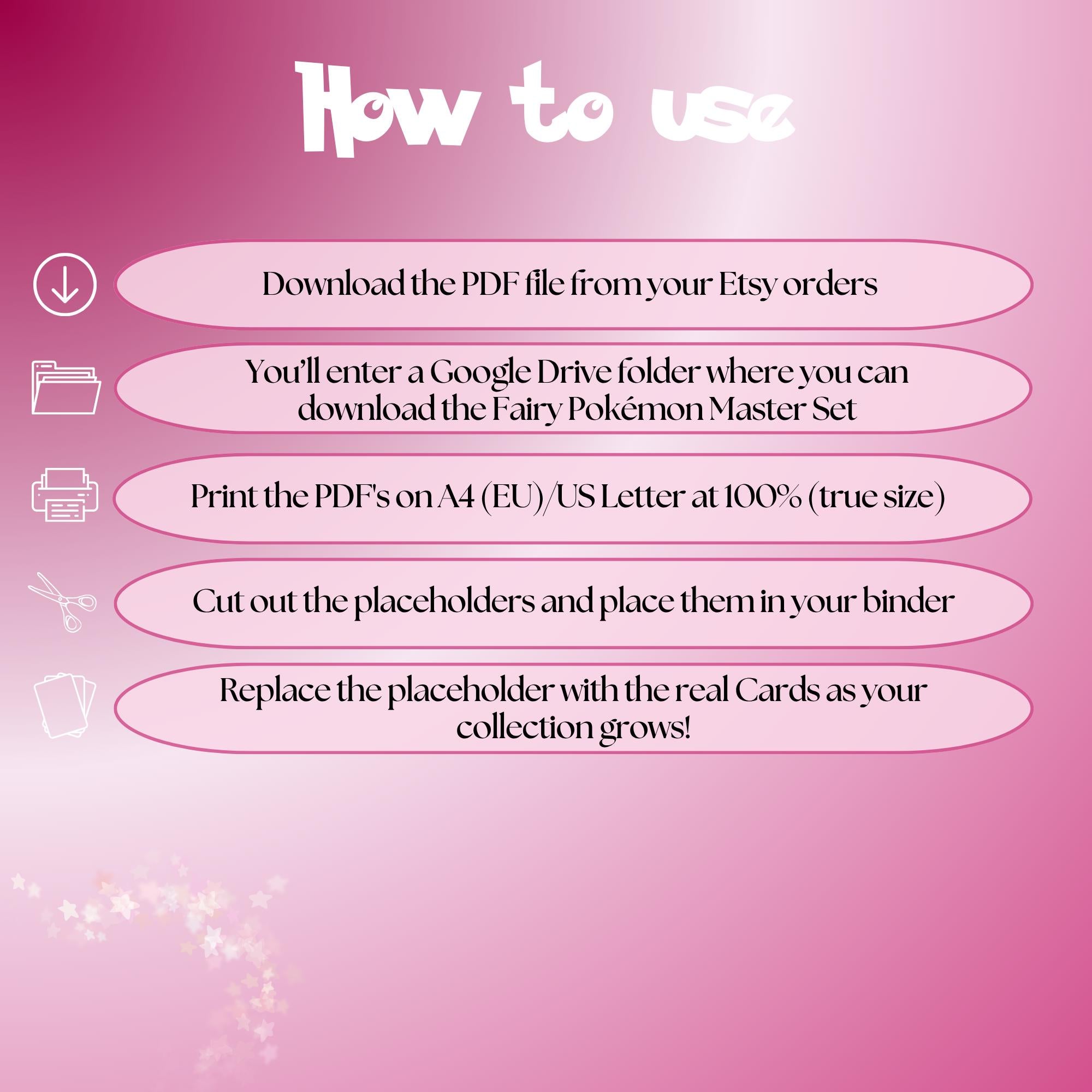 Fairy Pokémon cards digital download instructions explaining how to print, cut, and place placeholders in a Pokémon binder.