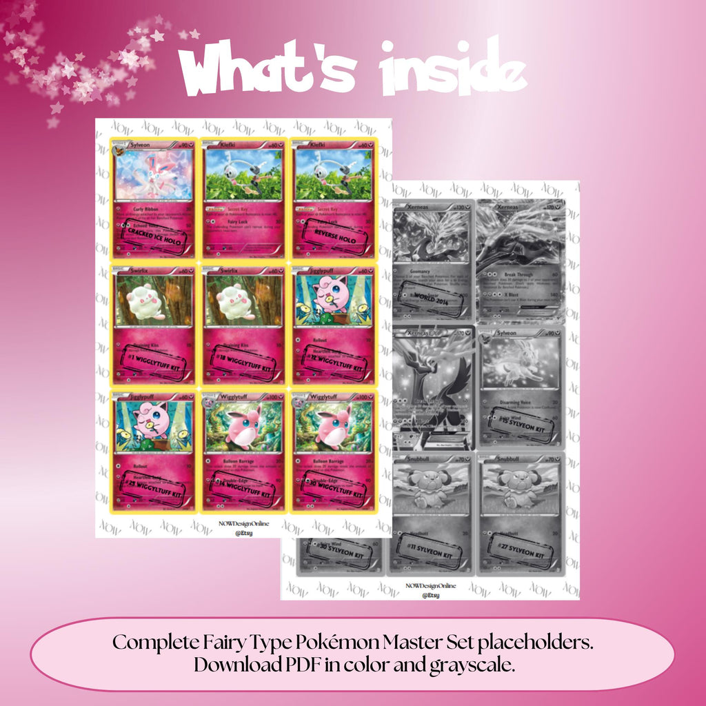 Fairy Type set overview showing the included Pokémon cards to print and cut for your binder sleeves.
