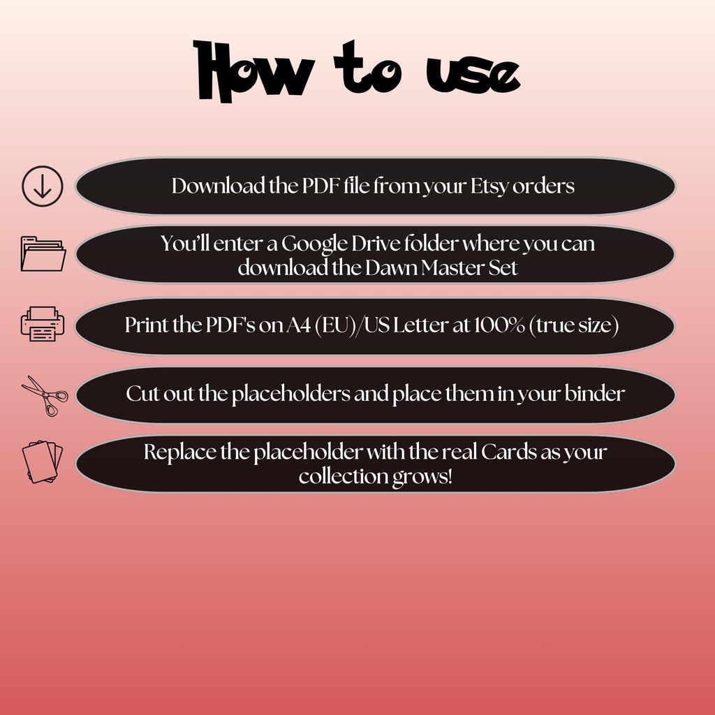 Dawn Trainer card placeholders digital download instructions explaining how to print, cut, and place the inserts into a Pokémon TCG binder.