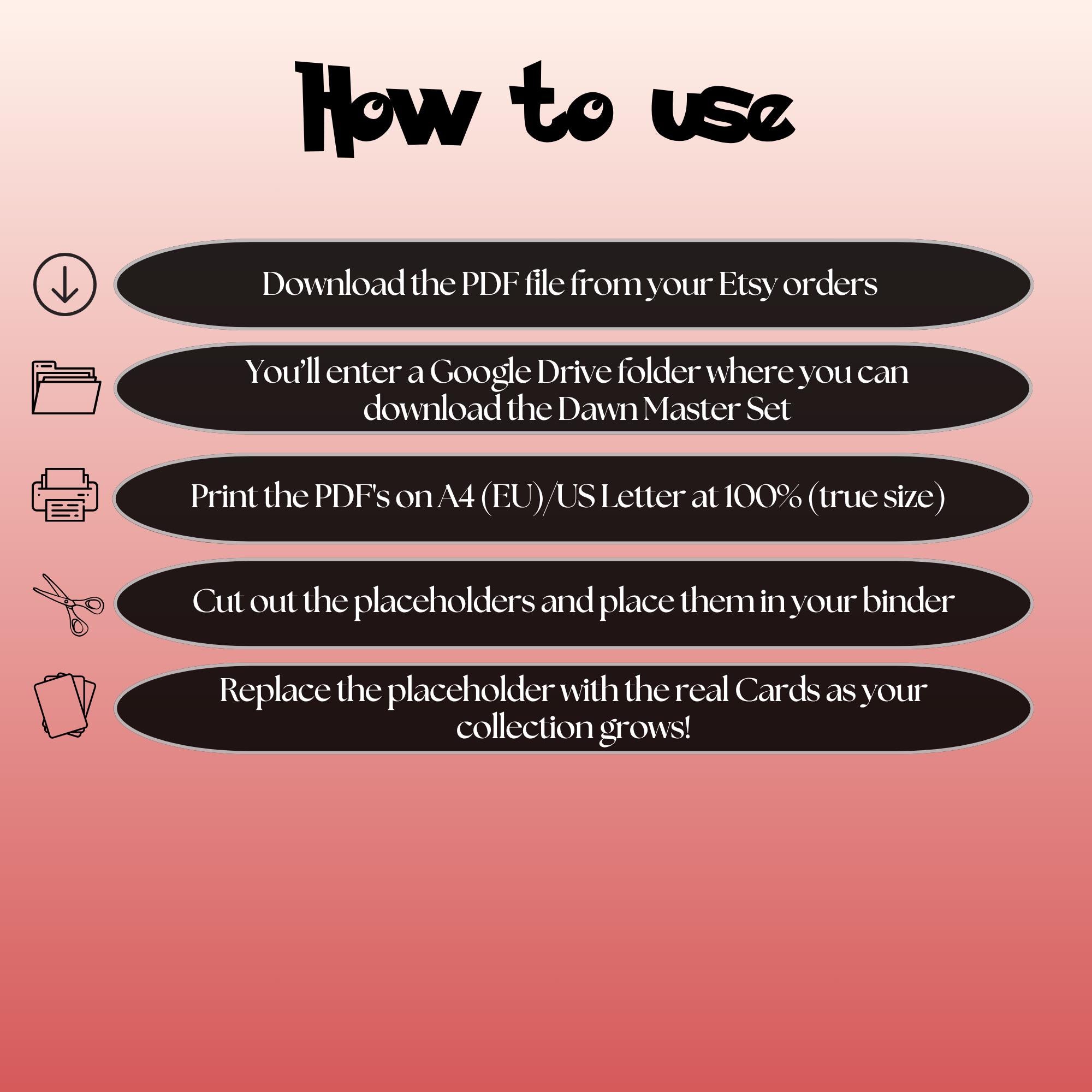 Dawn Trainer card placeholders digital download instructions explaining how to print, cut, and place the inserts into a Pokémon TCG binder.