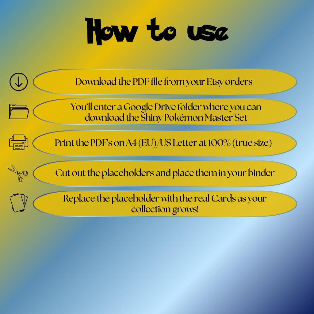 Shiny Pokémon cards digital download instructions explaining how to print, cut, and place placeholders in a Pokémon binder.