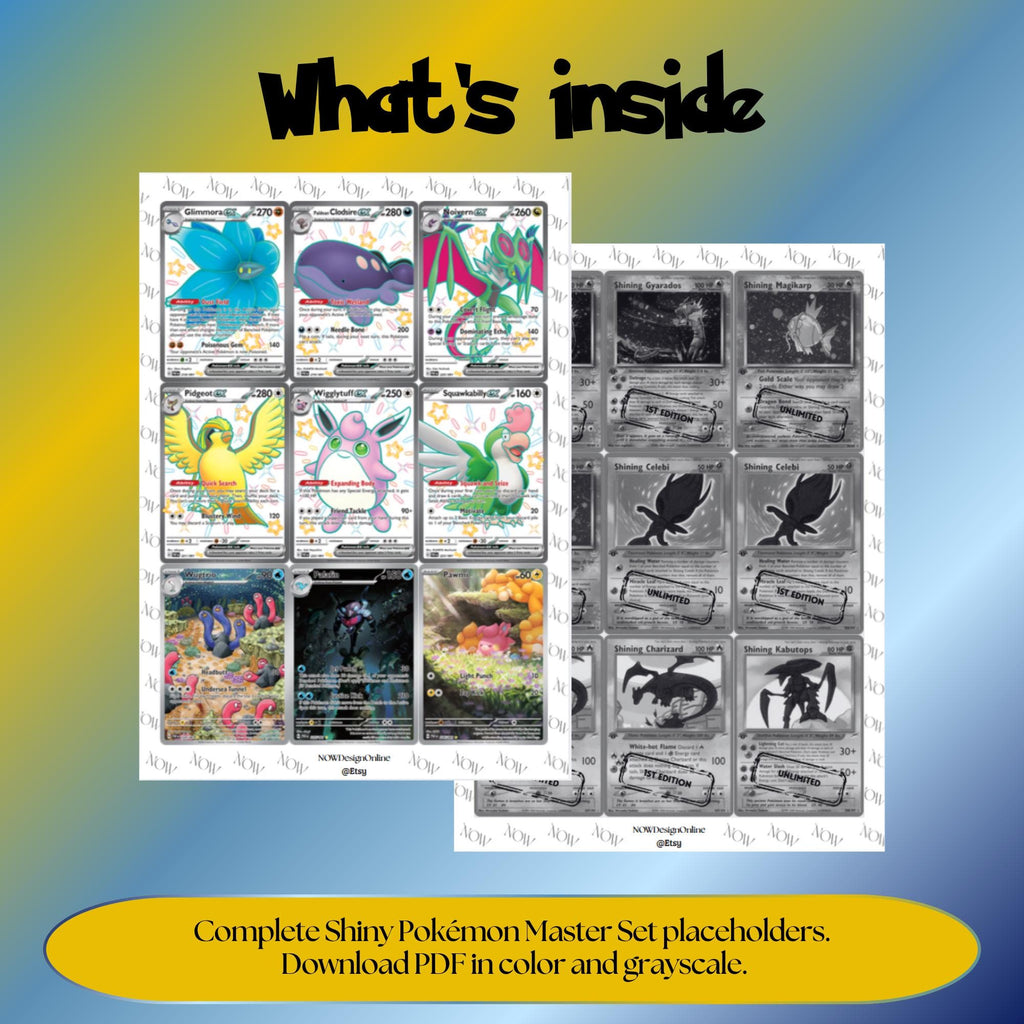 Shiny Pokémon binder pages set overview showing the included Pokémon cards to print and cut for your binder sleeves.