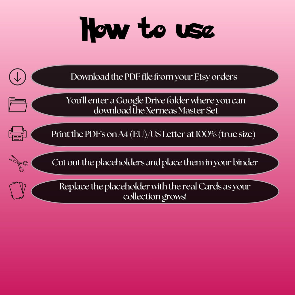 Xerneas cards digital download instructions explaining how to print, cut, and place placeholders in a Pokémon binder.