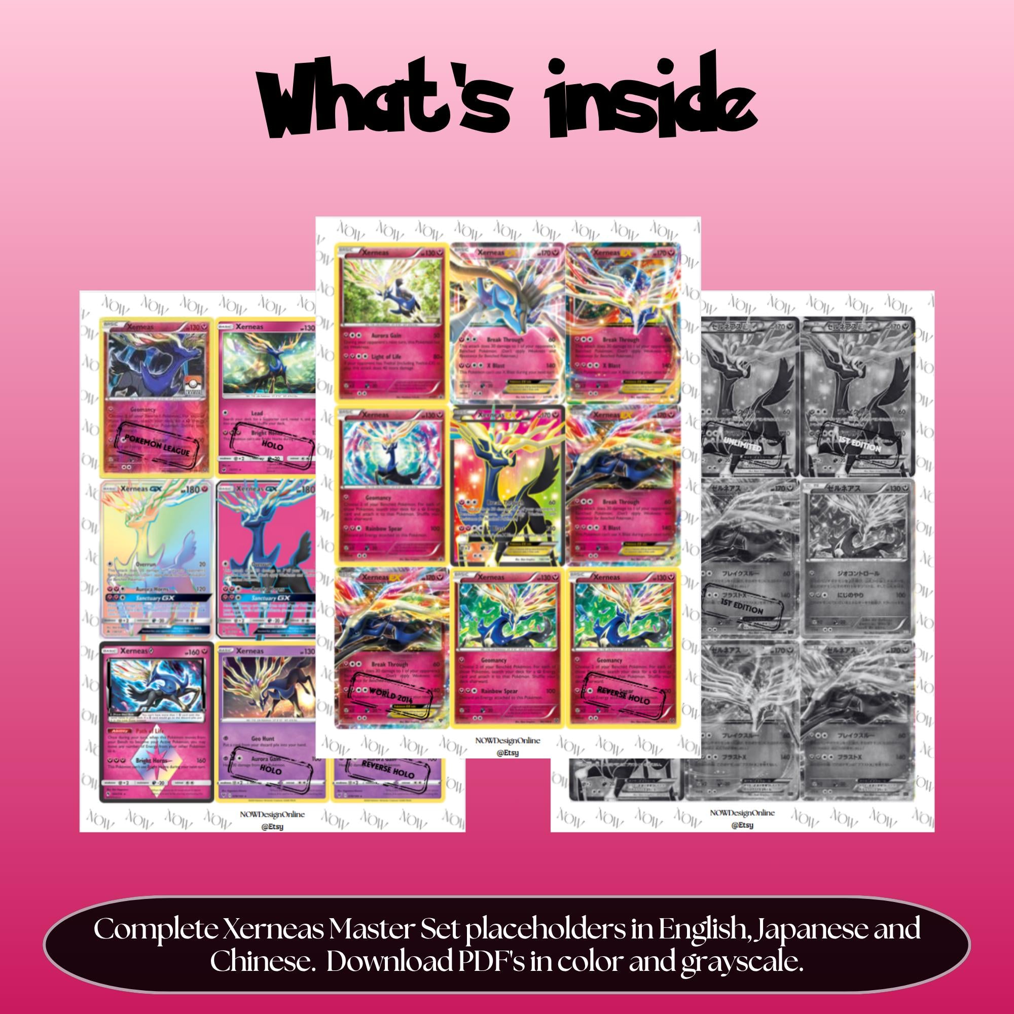 Xerneas binder pages set overview showing the included Pokémon cards to print and cut for your binder sleeves.