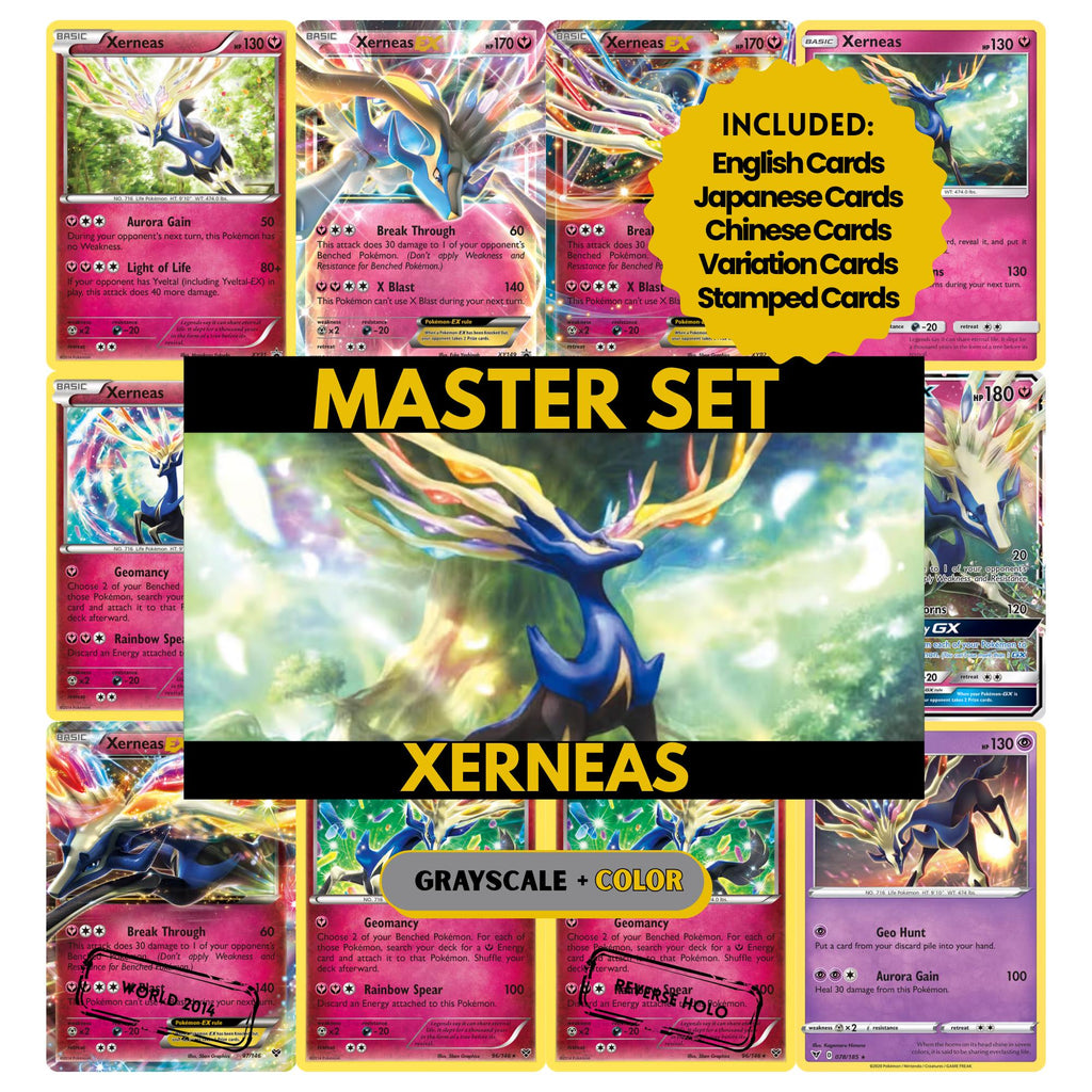 Xerneas binder pages set showing grayscale and color Pokémon cards, designed as a digital download to complete a collector’s binder.