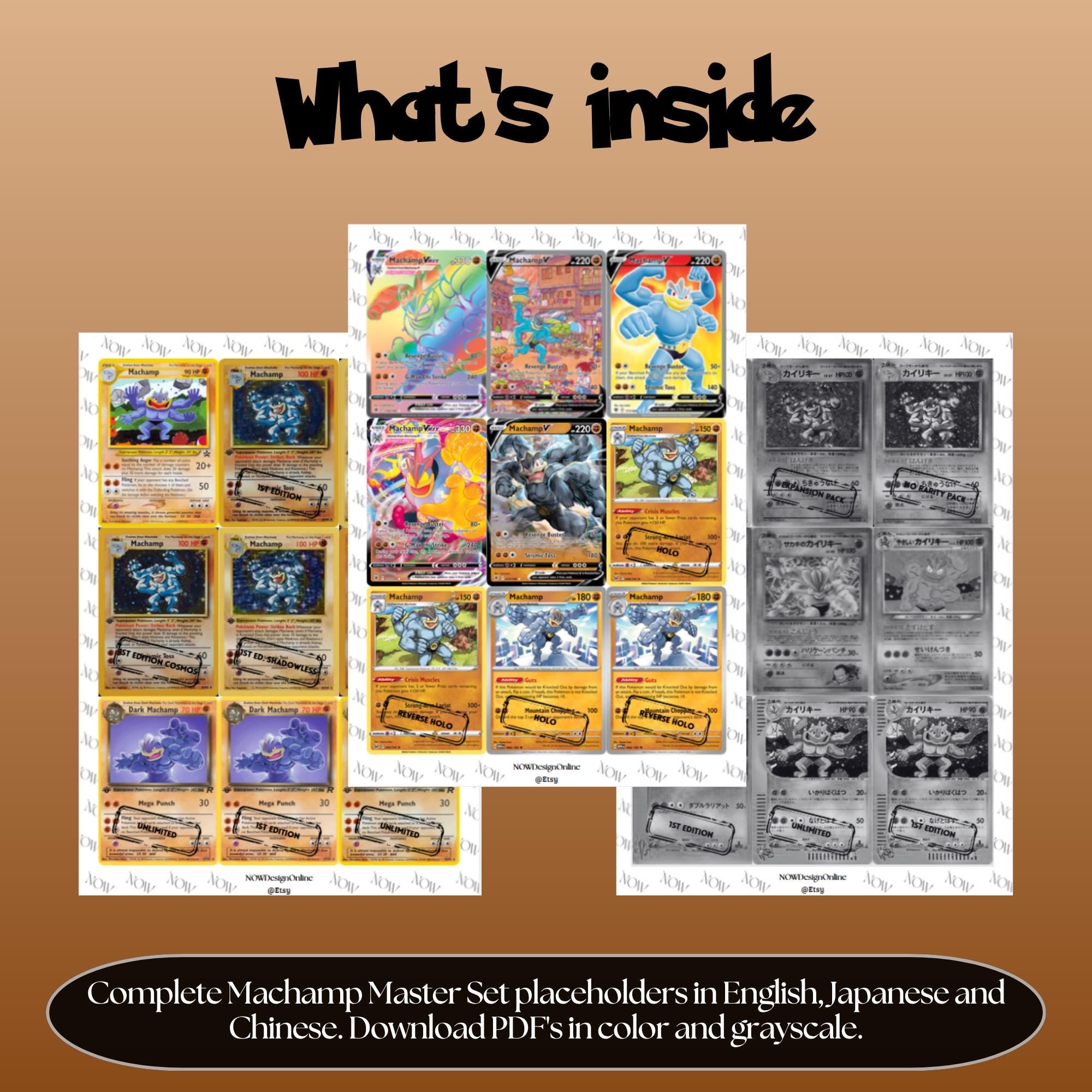 Machamp binder pages set overview showing the included Pokémon cards to print and cut for your binder sleeves.