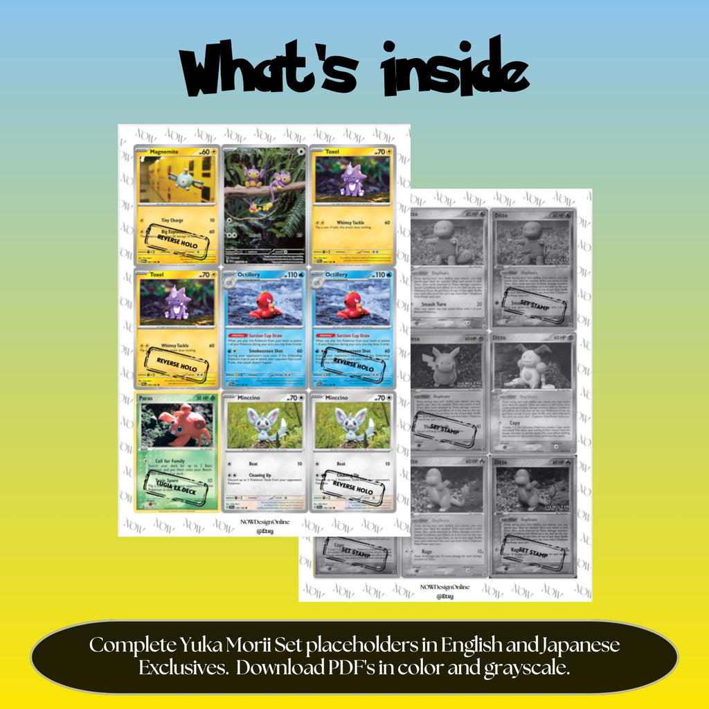 Yuka Morii illustrator set overview showing the included Pokémon cards to print and cut for your binder sleeves.