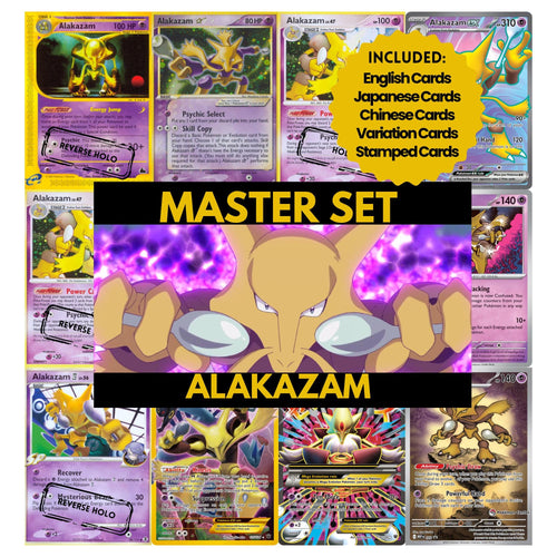 Alakazam binder pages set showing grayscale and color Pokémon cards, designed as a digital download to complete a collector’s binder.