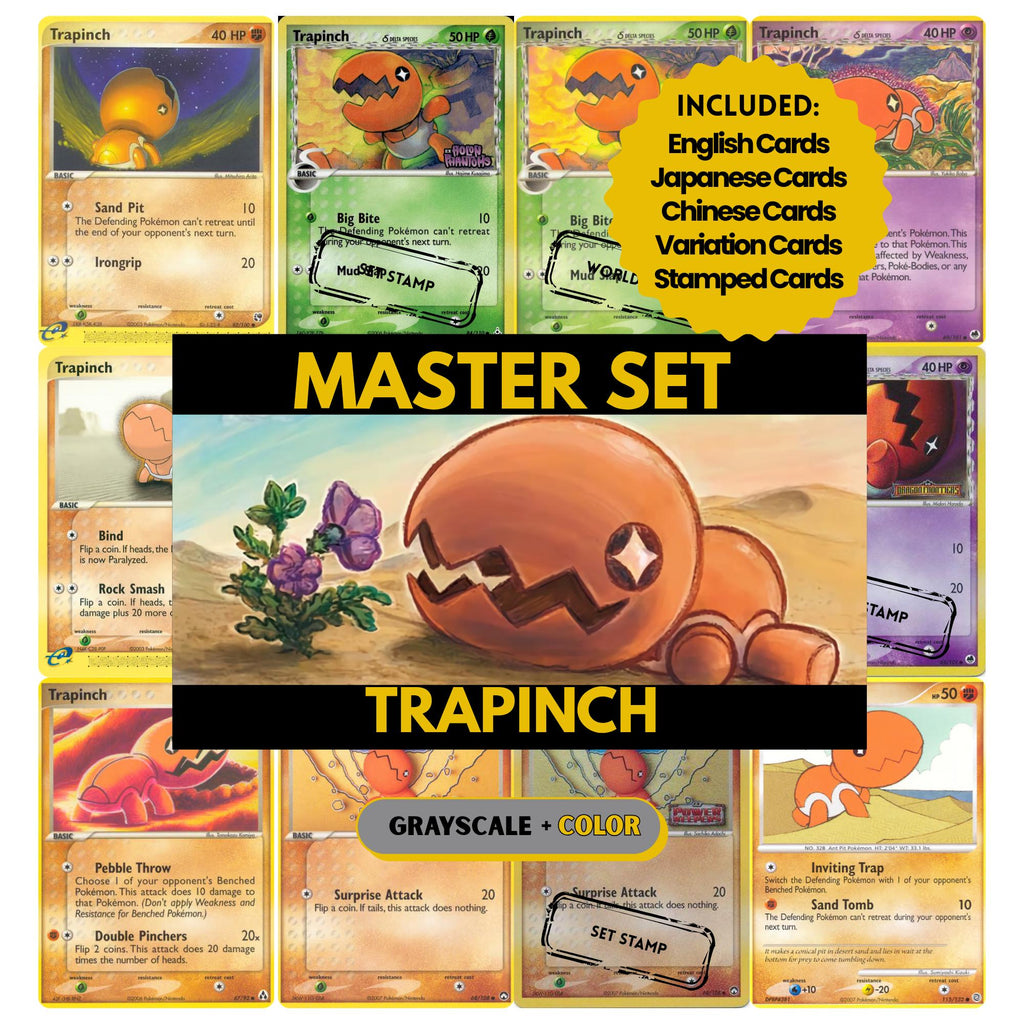 Trapinch binder pages set showing grayscale and color Pokémon cards, designed as a digital download to complete a collector’s binder.