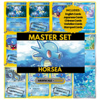 Horsea binder pages set showing grayscale and color Pokémon cards, designed as a digital download to complete a collector’s binder.