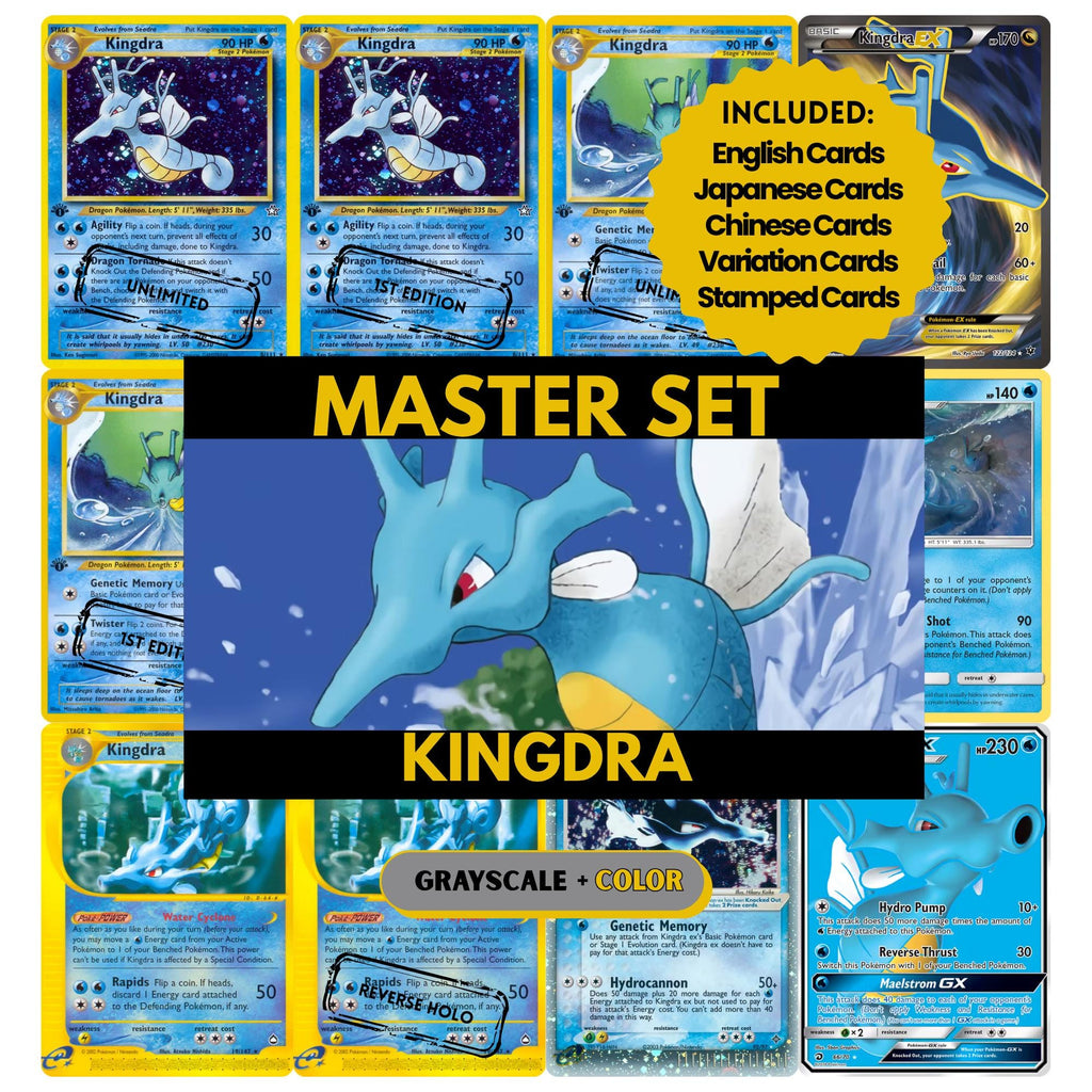 Kingdra binder pages set showing grayscale and color Pokémon cards, designed as a digital download to complete a collector’s binder.