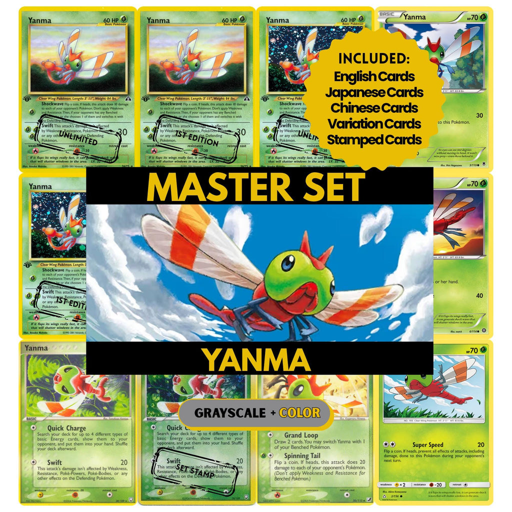 Yanma binder pages set showing grayscale and color Pokémon cards, designed as a digital download to complete a collector’s binder.