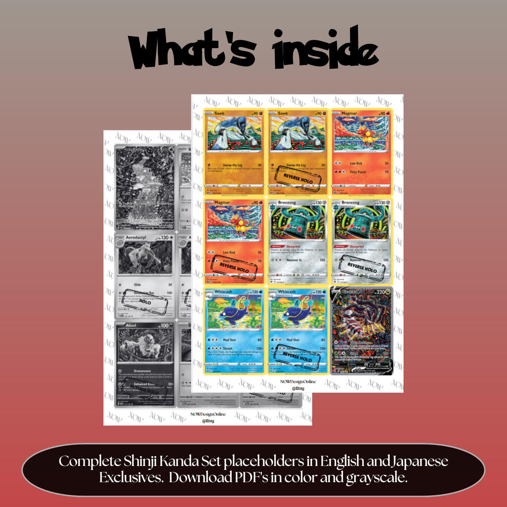 Shinji Kanda illustrator set overview showing the included Pokémon cards to print and cut for your binder sleeves.