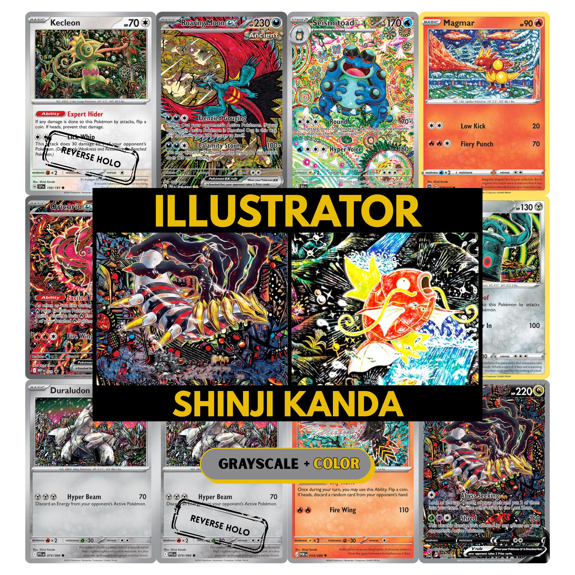 Shinji Kanda illustrator binder pages set showing unique Pokémon card artworks in grayscale and color, designed as a digital download to complete a collector’s binder.