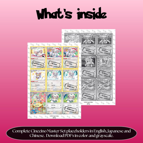 Cinccino binder pages set overview showing the included Pokémon cards to print and cut for your binder sleeves.