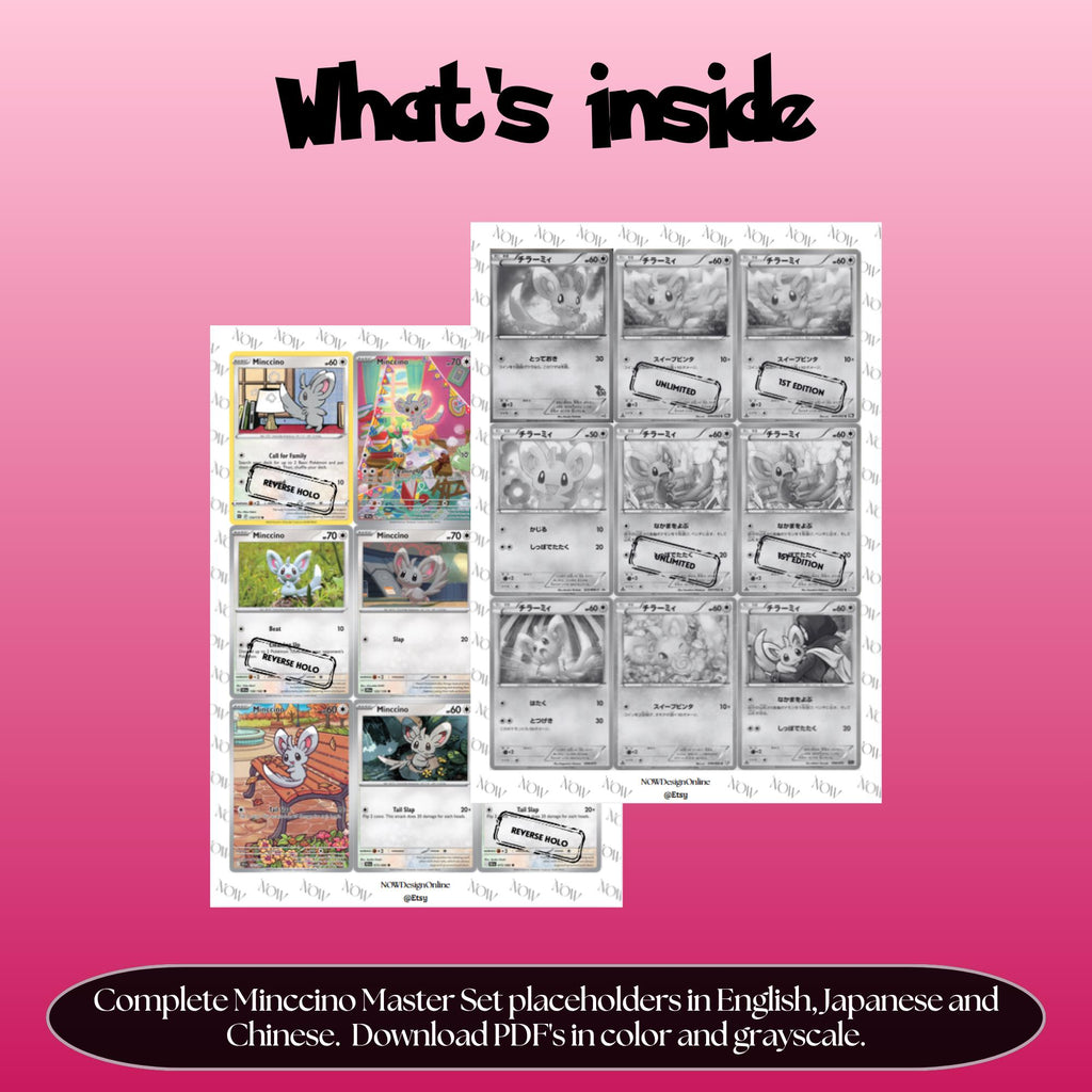 Minccino binder pages set overview showing the included Pokémon cards to print and cut for your binder sleeves.