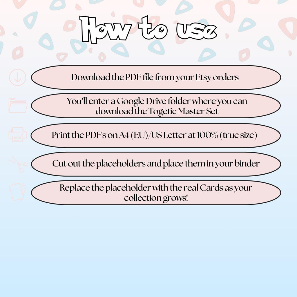 Togetic cards digital download instructions explaining how to print, cut, and place placeholders in a Pokémon binder.