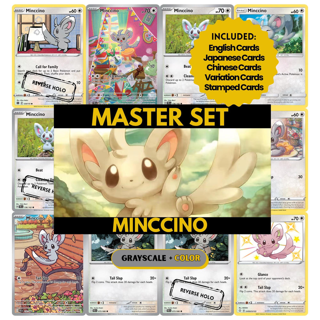 Minccino binder pages set showing grayscale and color Pokémon cards, designed as a digital download to complete a collector’s binder.