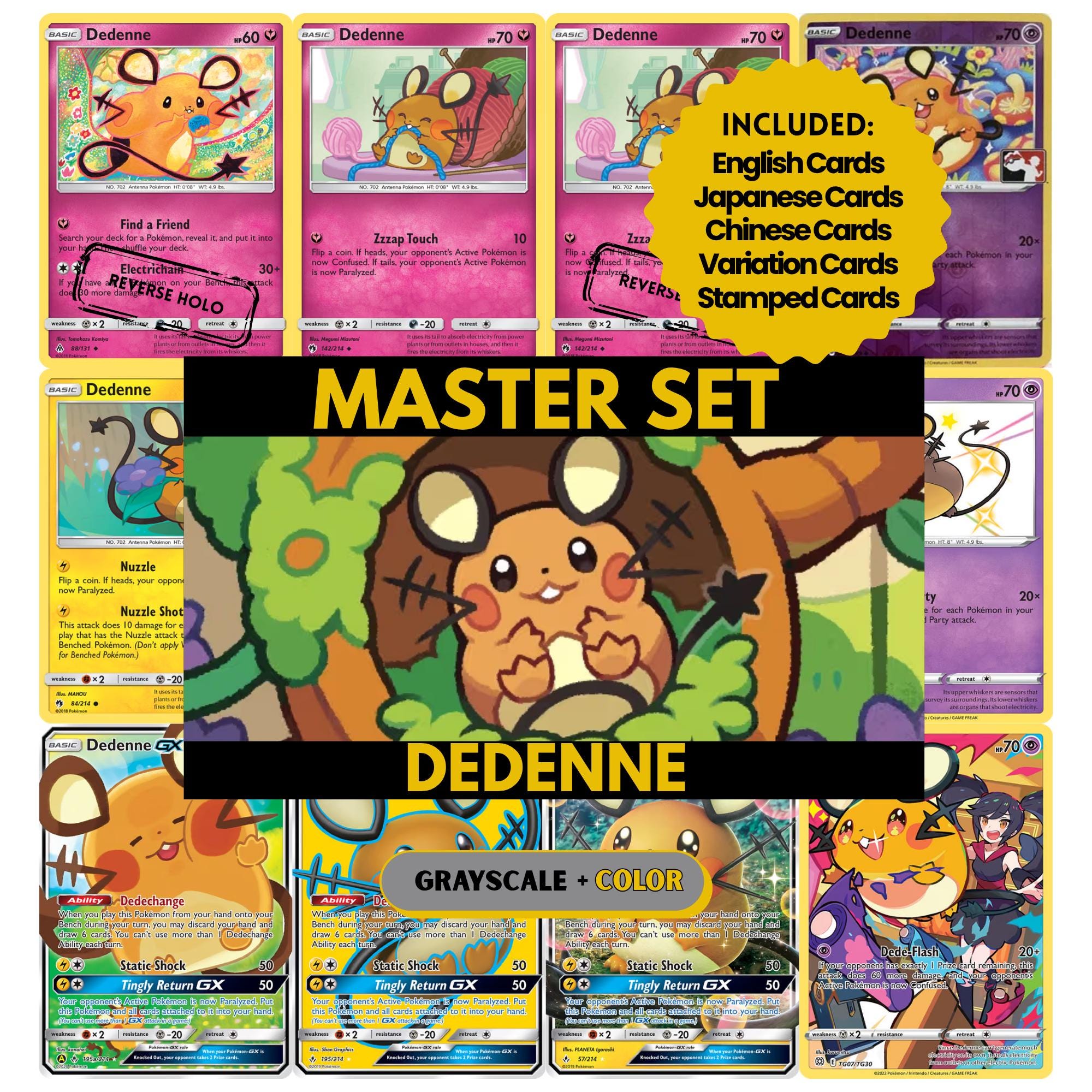 Dedenne binder pages set showing grayscale and color Pokémon cards, designed as a digital download to complete a collector’s binder.