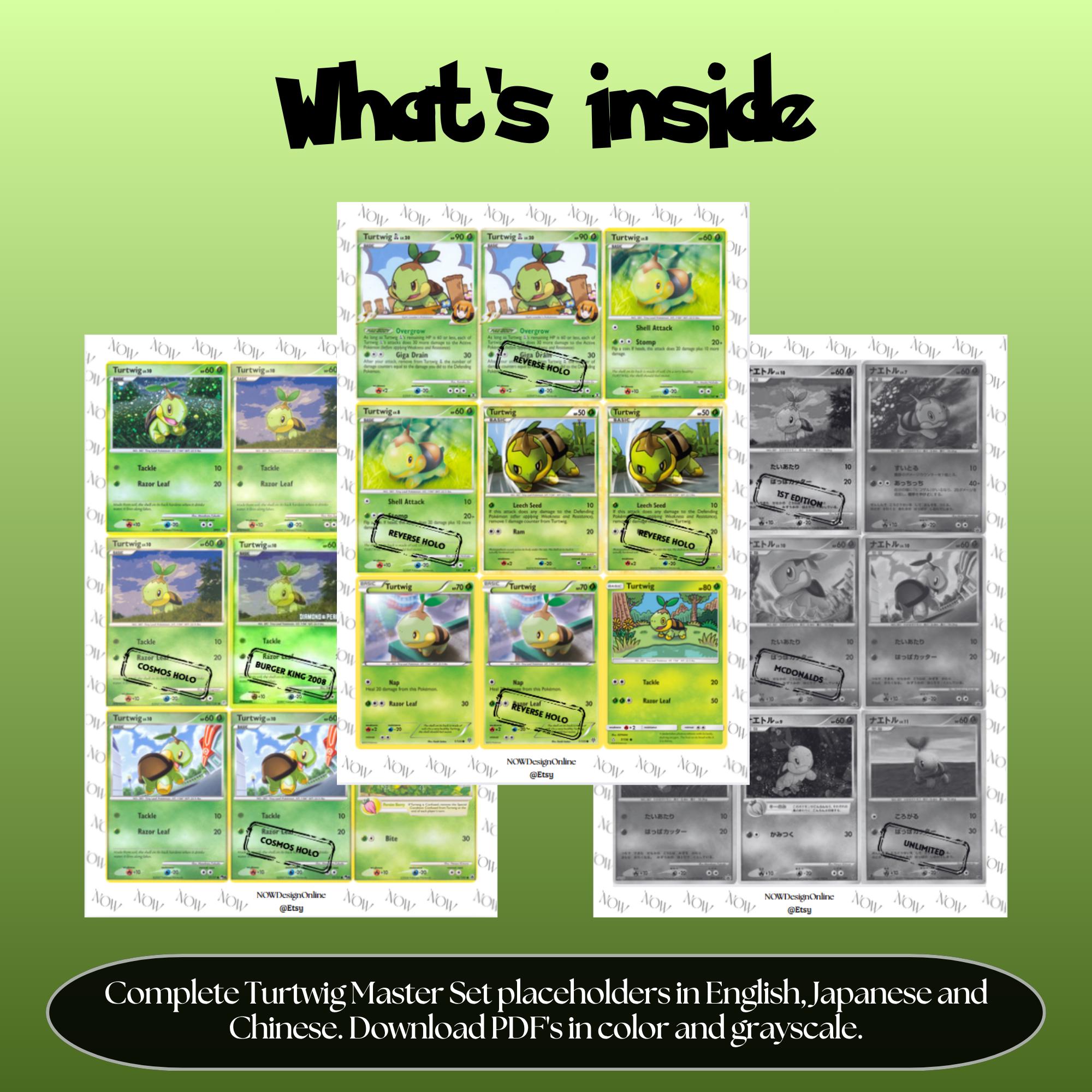 Turtwig binder pages set overview showing the included Pokémon cards to print and cut for your binder sleeves.