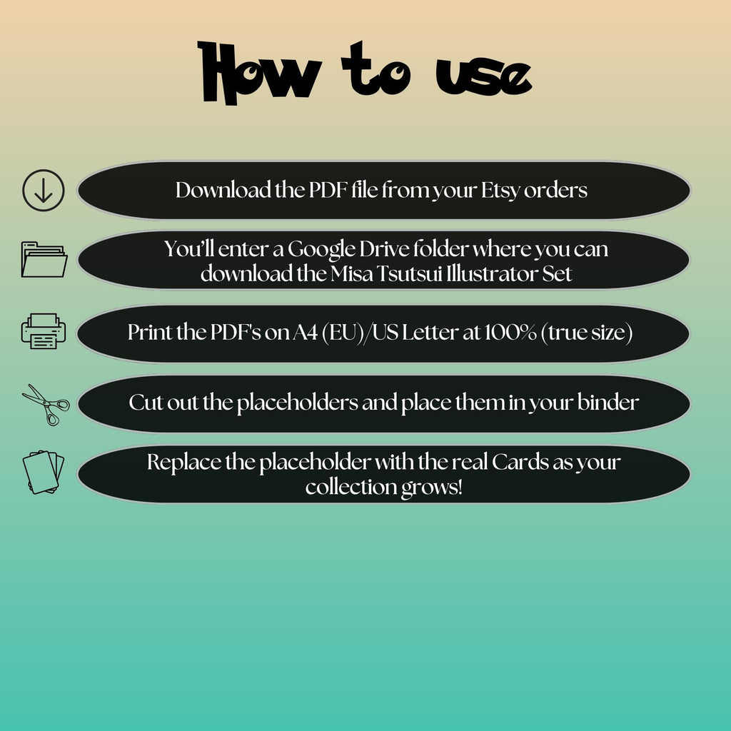 Misa Tsutsui cards digital download instructions explaining how to print, cut, and place placeholders in a Pokémon binder.