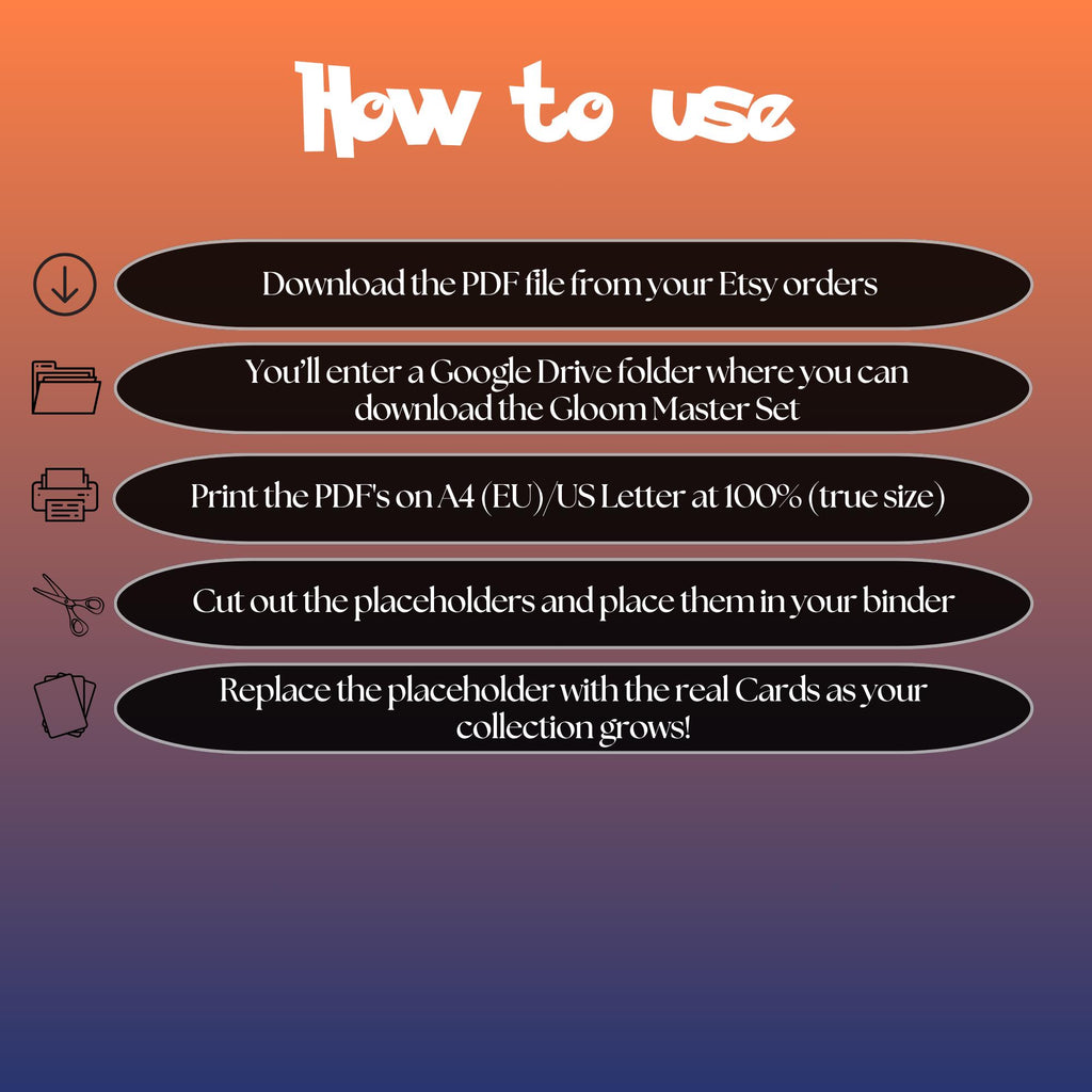 Gloom cards digital download instructions explaining how to print, cut, and place placeholders in a Pokémon binder.