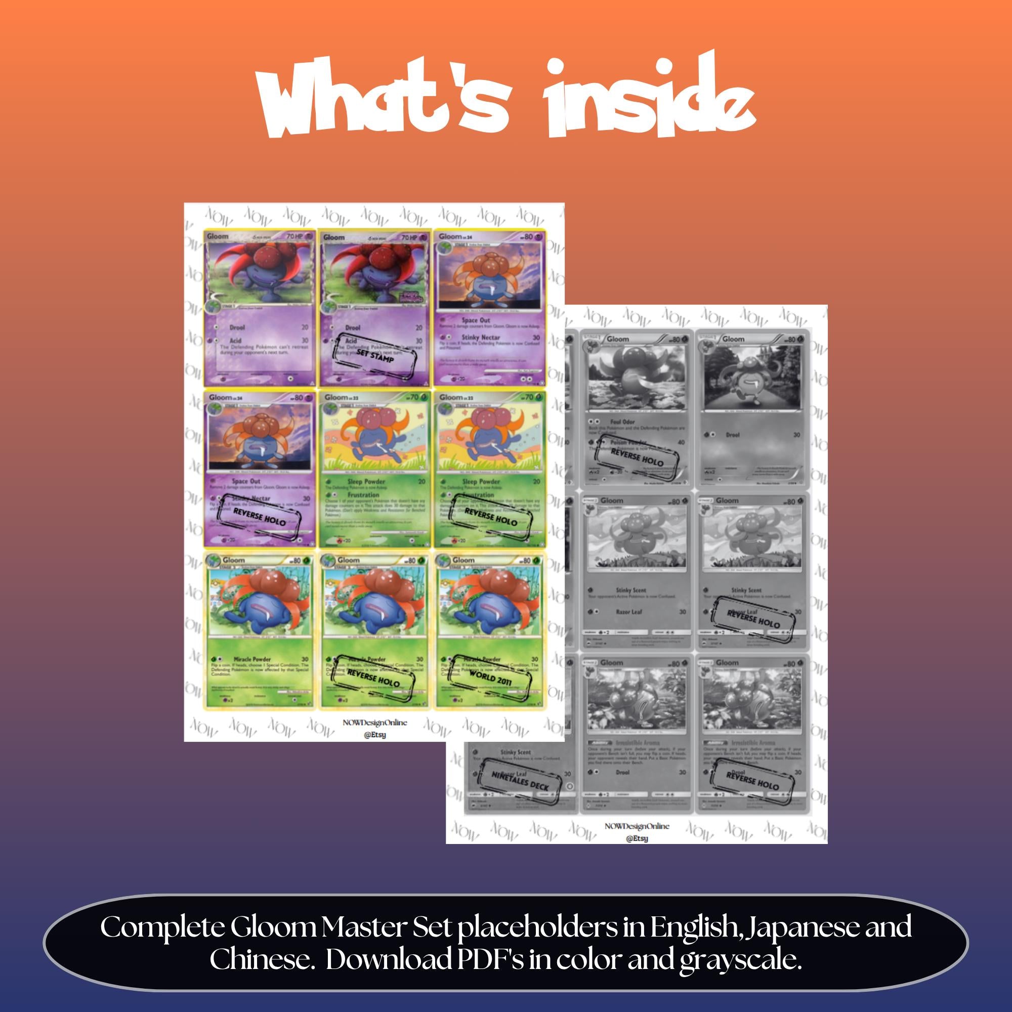 Gloom binder pages set overview showing the included Pokémon cards to print and cut for your binder sleeves.