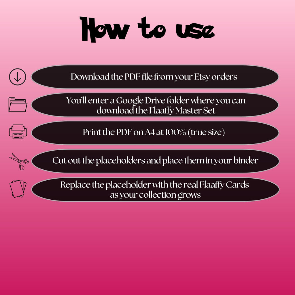 Flaaffy cards digital download instructions explaining how to print, cut, and place placeholders in a Pokémon binder.