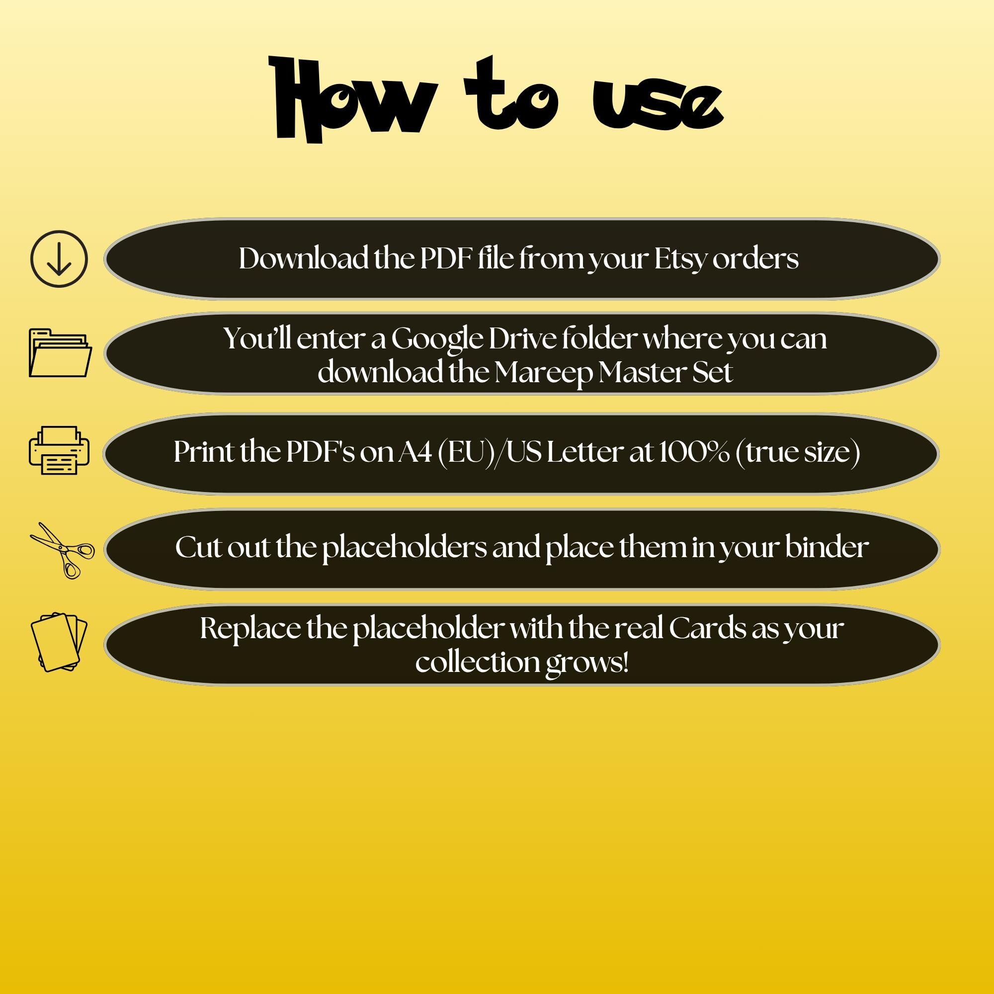 Mareep cards digital download instructions explaining how to print, cut, and place placeholders in a Pokémon binder.
