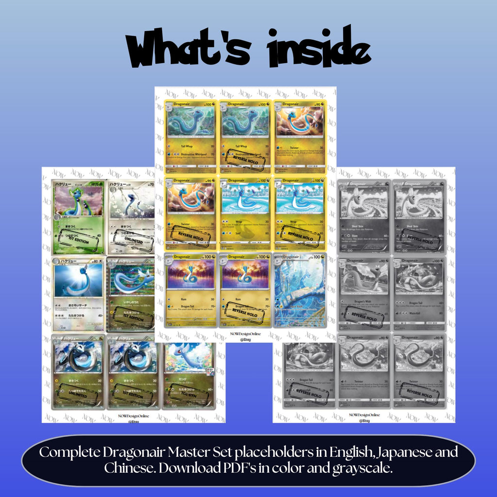 Dragonair binder pages set overview showing the included Pokémon cards to print and cut for your binder sleeves.
