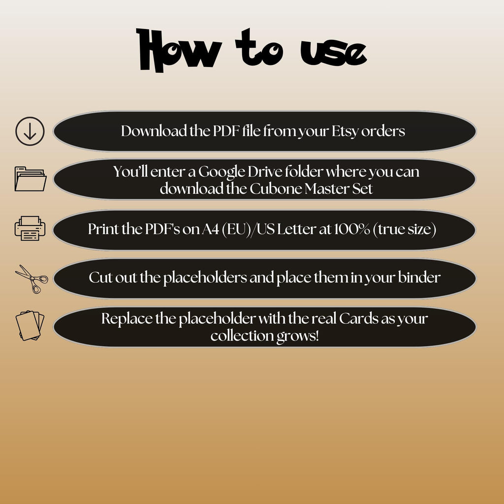 Cubone cards digital download instructions explaining how to print, cut, and place placeholders in a Pokémon binder.